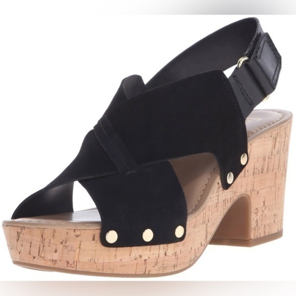 UEC Franco Sarto Artisanal L-Kicks, Black Suede Cork-design Wedge -Size 7 - Picture 1 of 10